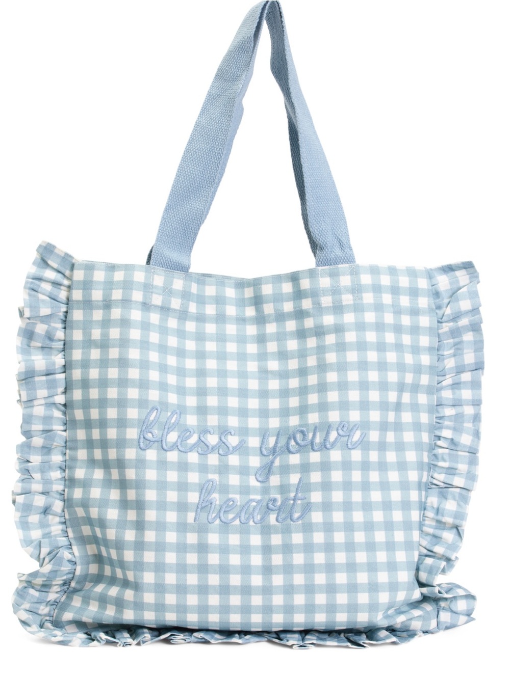 NWT The Prairie Blue White Canvas Ruffle Gingham Boat Tote Bag Bless Your Heart